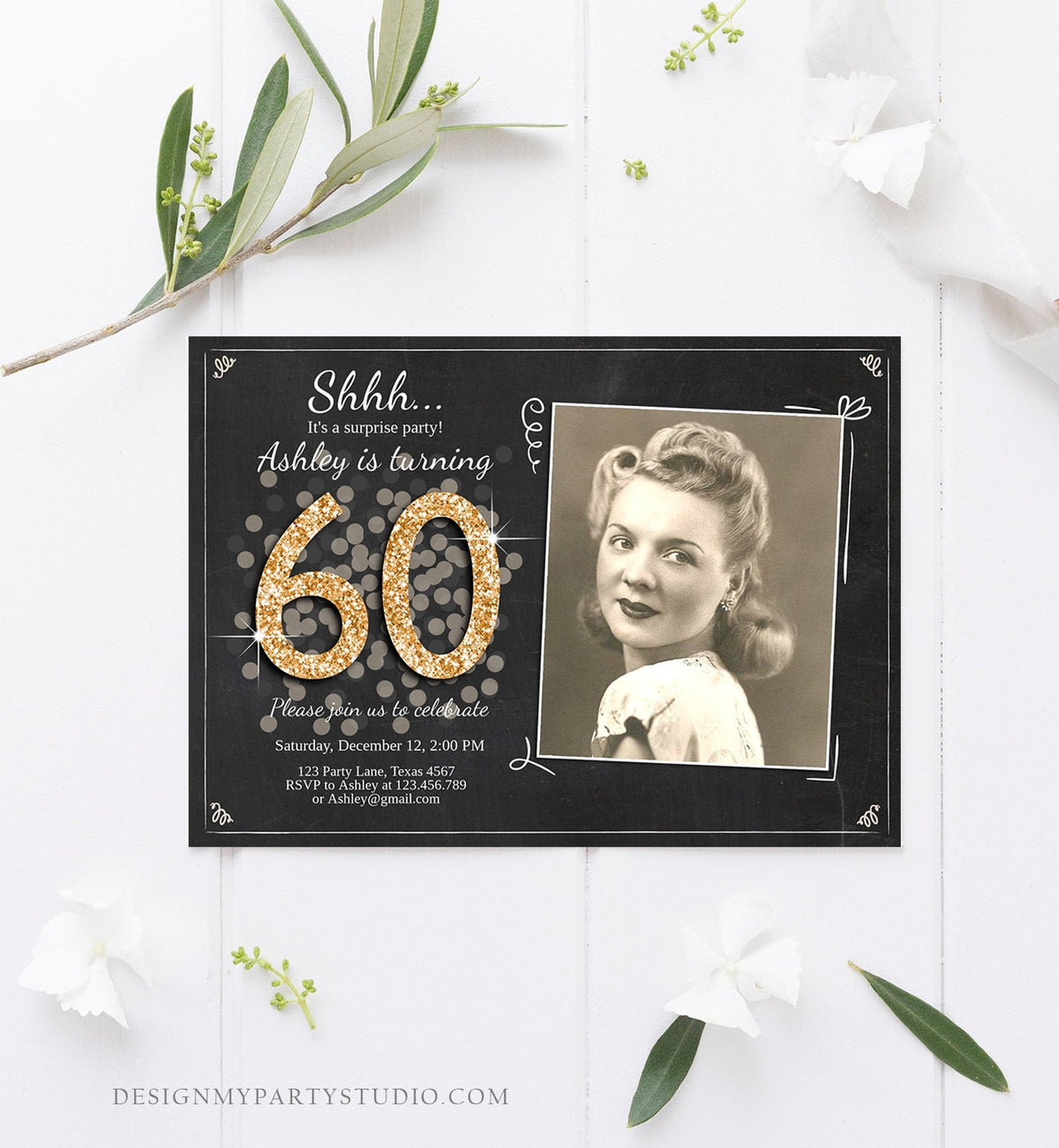 Editable ANY AGE Surprise Birthday Invitation Adult 60th Party Rustic Chalk Black Gold Glitter Photo Download Printable Corjl Template 0103