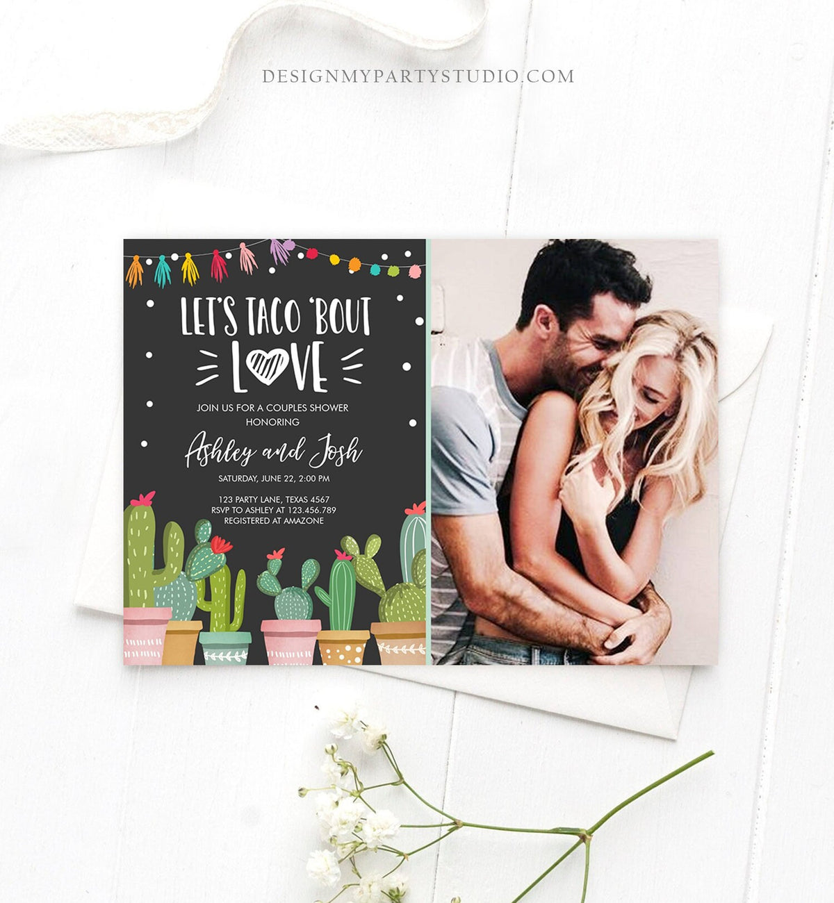 Editable Taco Bout Love Couples Shower Invitation Fiesta Cactus Succulent Mexican Green Pink Chalk Download Corjl Template Printable 0254