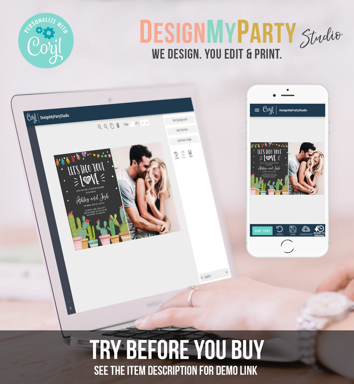 Editable Taco Bout Love Couples Shower Invitation Fiesta Cactus Succulent Mexican Green Pink Chalk Download Corjl Template Printable 0254