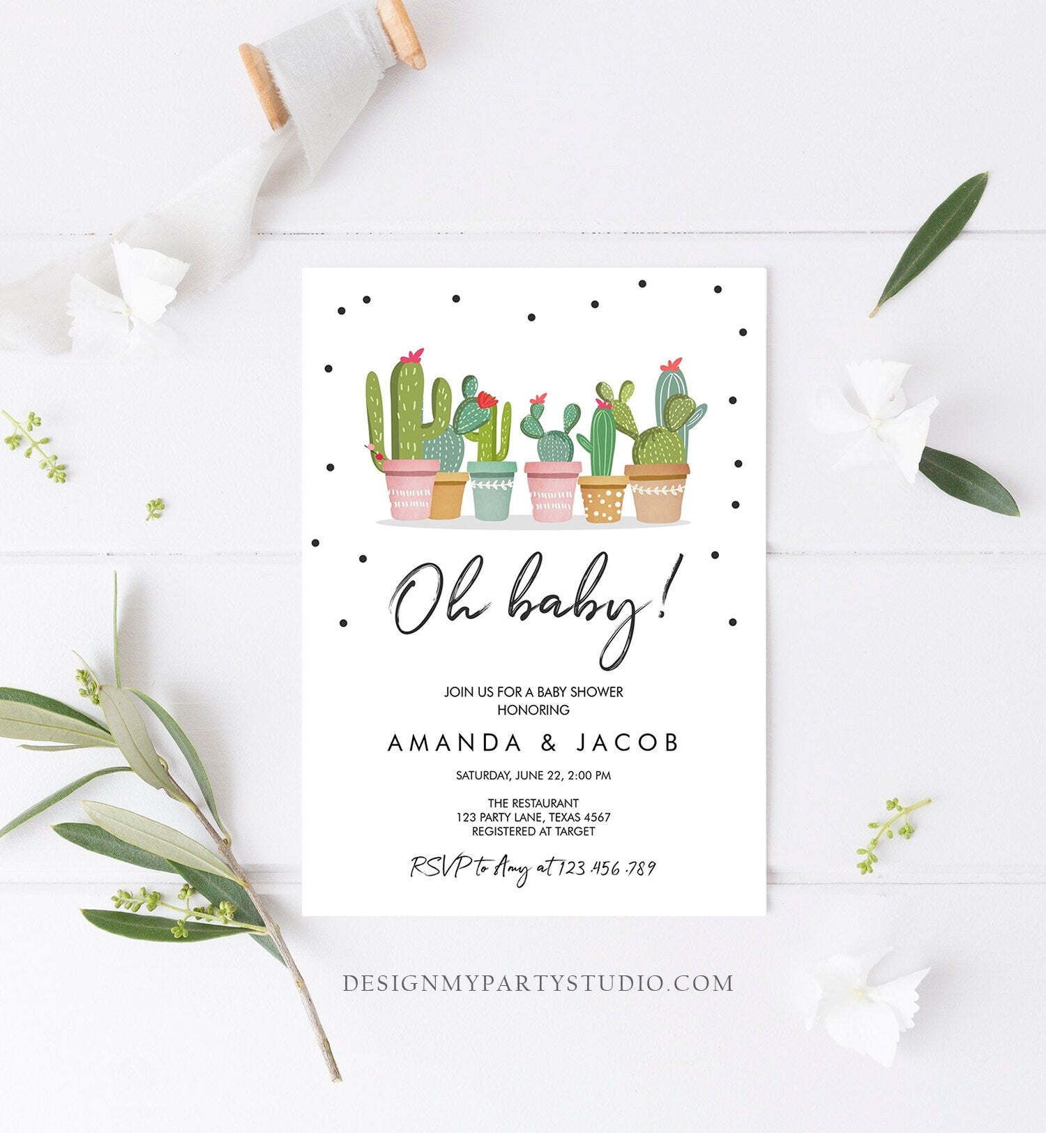 Editable Oh Baby Shower Invitation Cactus Mexican Fiesta Baby Shower Couples Shower Pregnancy Instant Download Corjl Template Printable 0254
