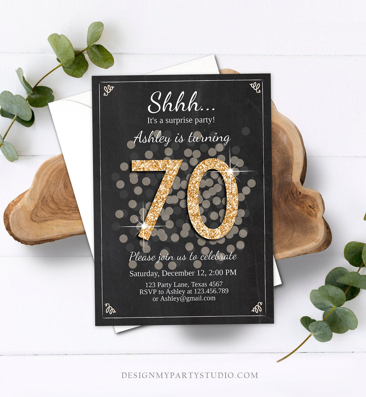 Editable ANY AGE Surprise Birthday Invitation Adult 70th Party Rustic Chalk Black Gold Glitter Photo Download Printable Corjl Template 0103