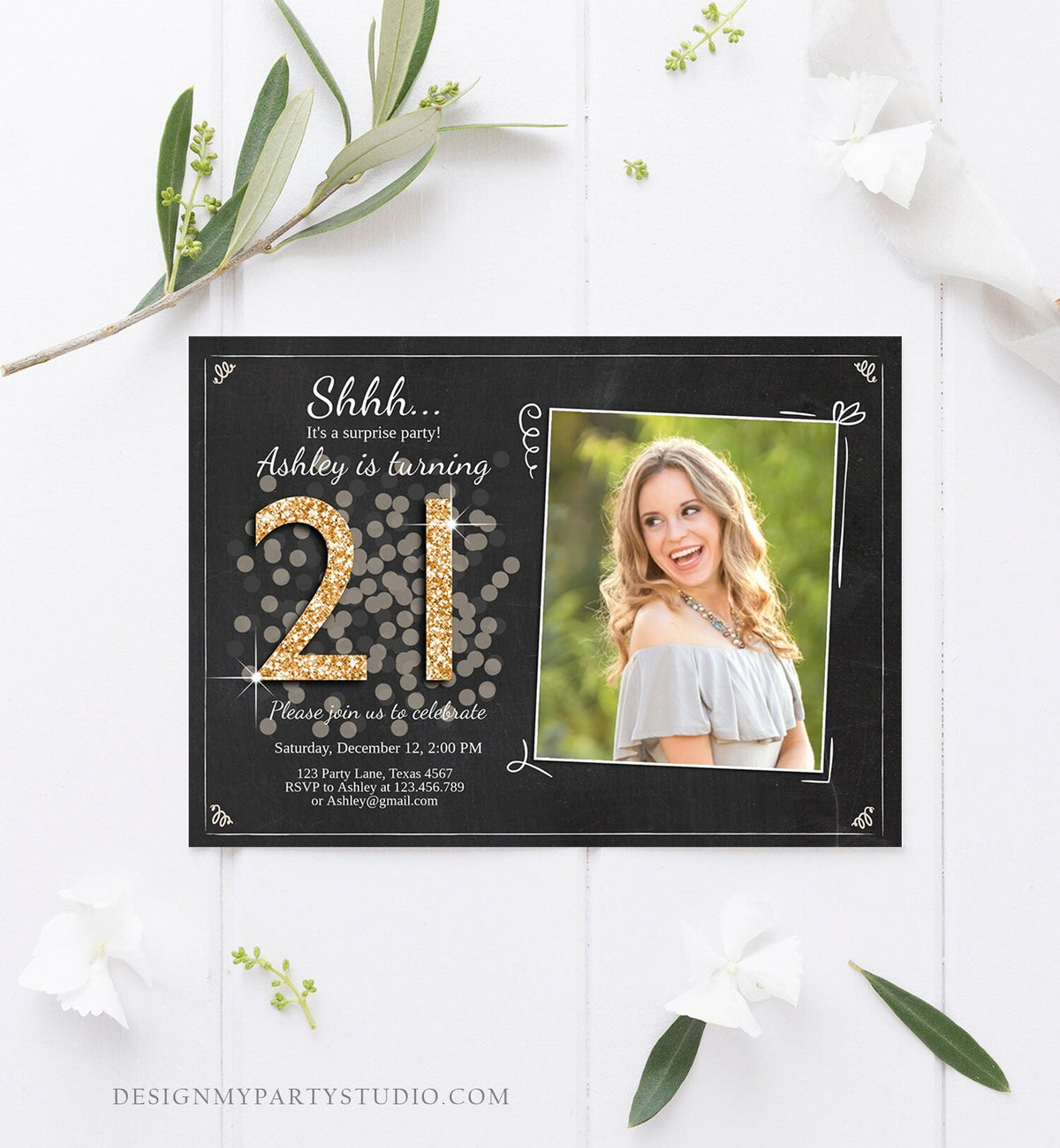 Editable ANY AGE Surprise Birthday Invitation Adult 21th Party Rustic Chalk Black Gold Glitter Photo Download Printable Corjl Template 0103