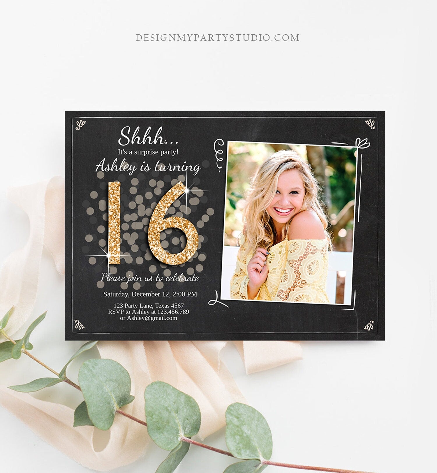 Editable ANY AGE Surprise Birthday Invitation 16th Sweet Sixteen Party Chalk Black Gold Glitter Photo Download Printable Corjl Template 0103