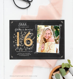 Editable ANY AGE Surprise Birthday Invitation 16th Sweet Sixteen Party Chalk Black Gold Glitter Photo Download Printable Corjl Template 0103