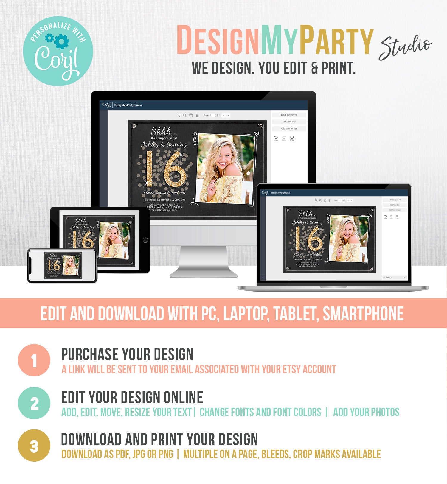 Editable ANY AGE Surprise Birthday Invitation 16th Sweet Sixteen Party Chalk Black Gold Glitter Photo Download Printable Corjl Template 0103