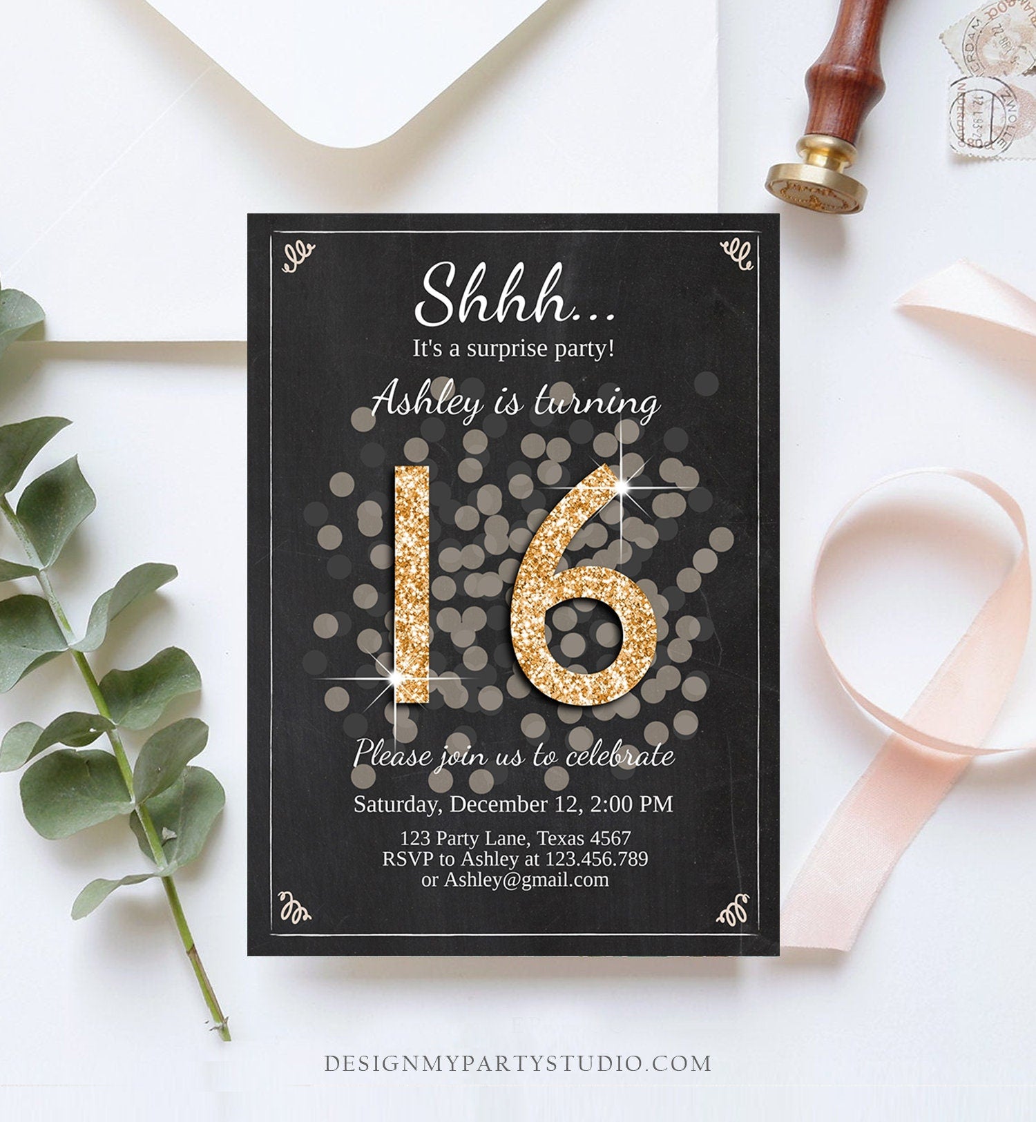 Editable ANY AGE Surprise Birthday Invitation 16th Sweet Sixteen Party Chalk Black Gold Glitter Photo Download Printable Corjl Template 0103