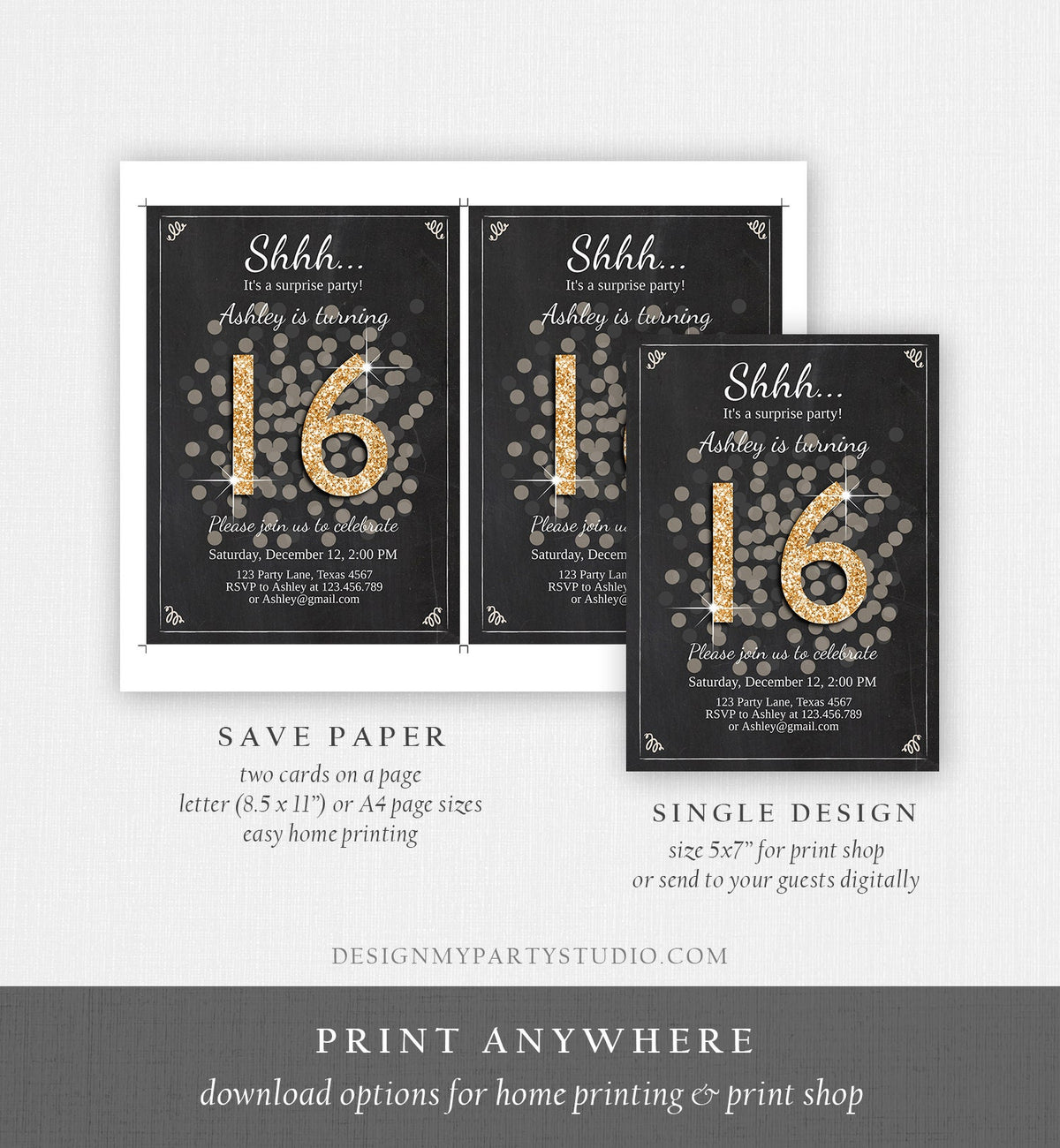 Editable ANY AGE Surprise Birthday Invitation 16th Sweet Sixteen Party Chalk Black Gold Glitter Photo Download Printable Corjl Template 0103