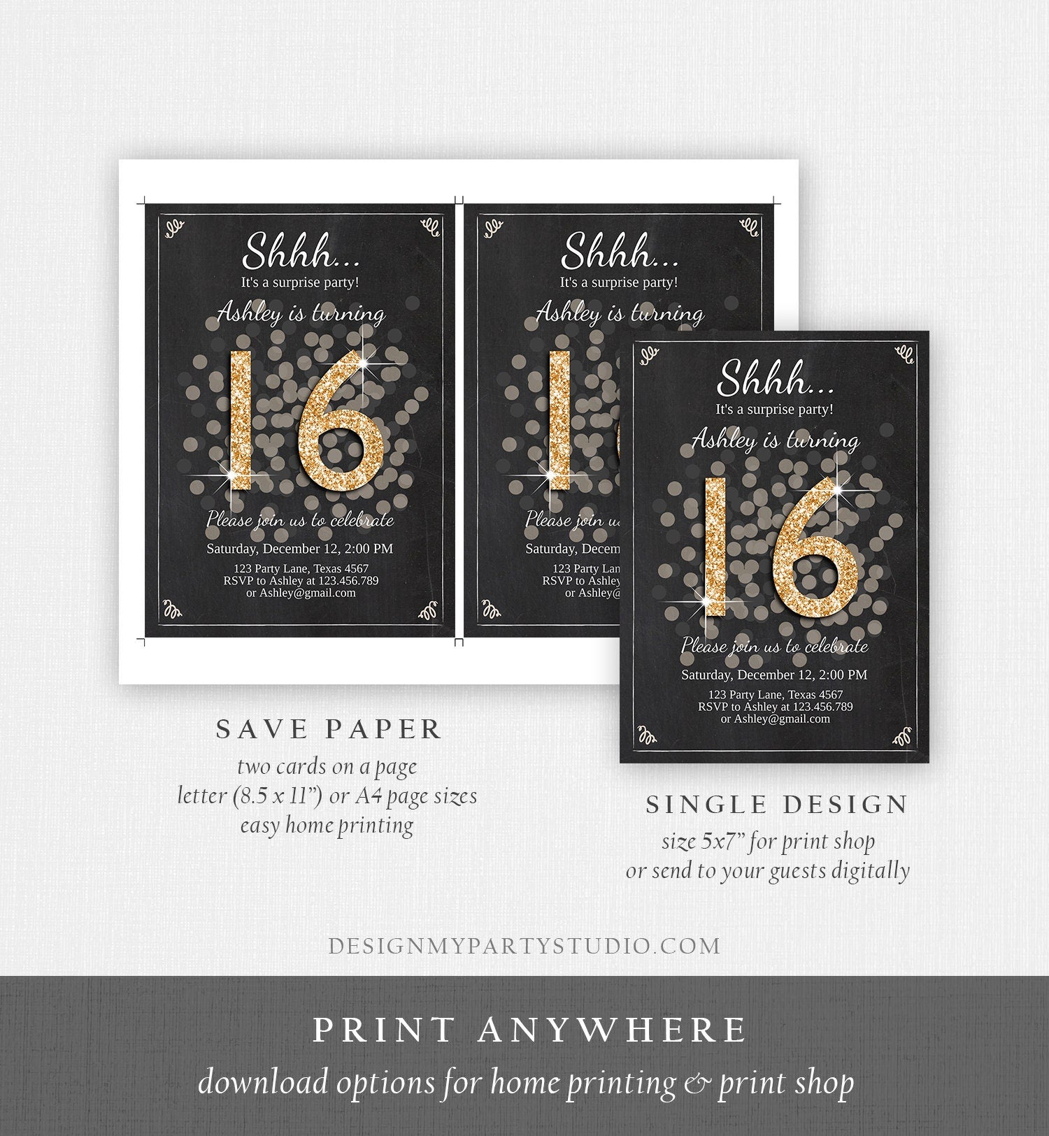 Editable ANY AGE Surprise Birthday Invitation 16th Sweet Sixteen Party Chalk Black Gold Glitter Photo Download Printable Corjl Template 0103