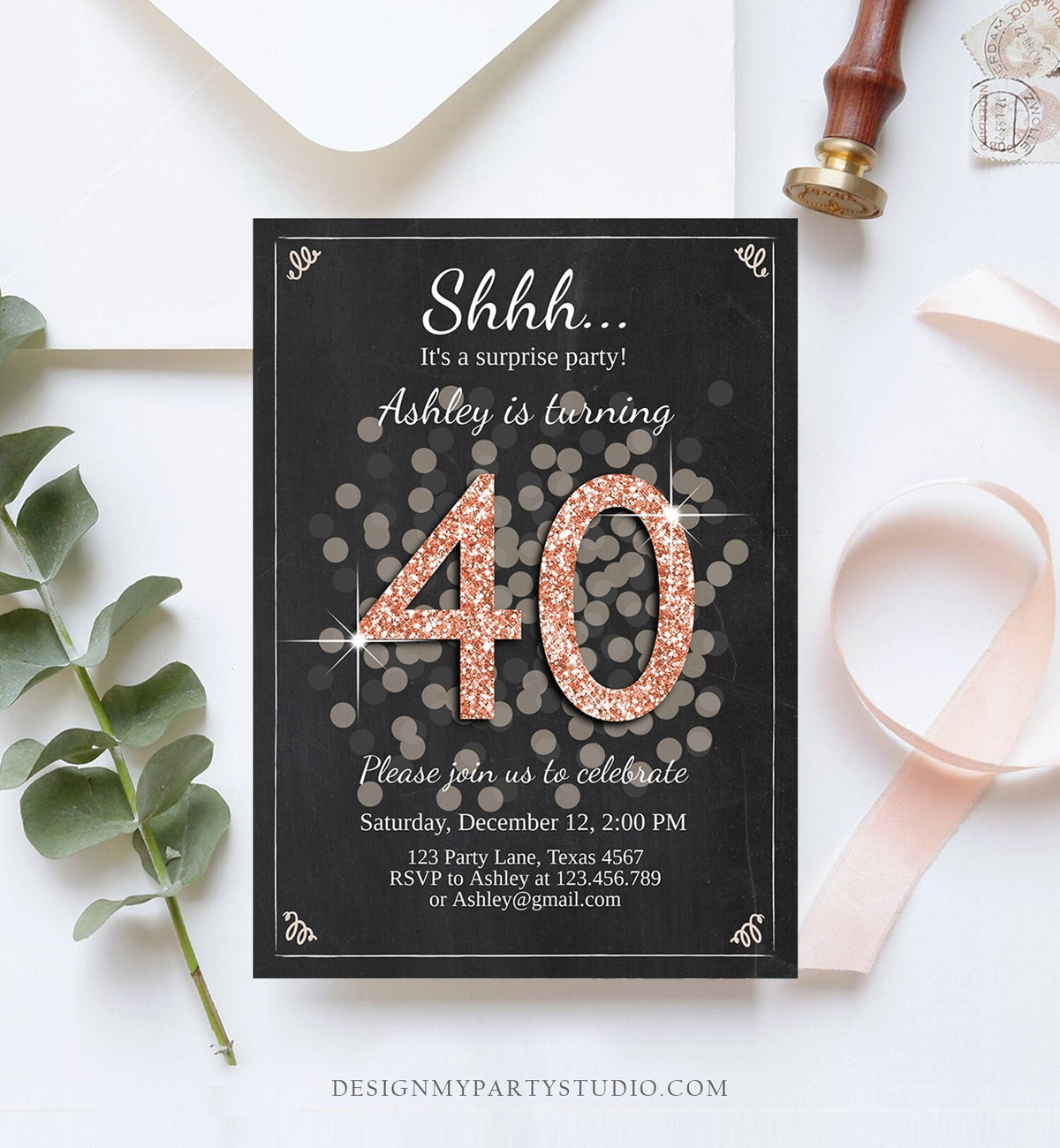 Editable ANY AGE Surprise Birthday Invitation Adult 40th Party Rustic Chalk Rose Gold Glitter Photo Download Printable Corjl Template 0103