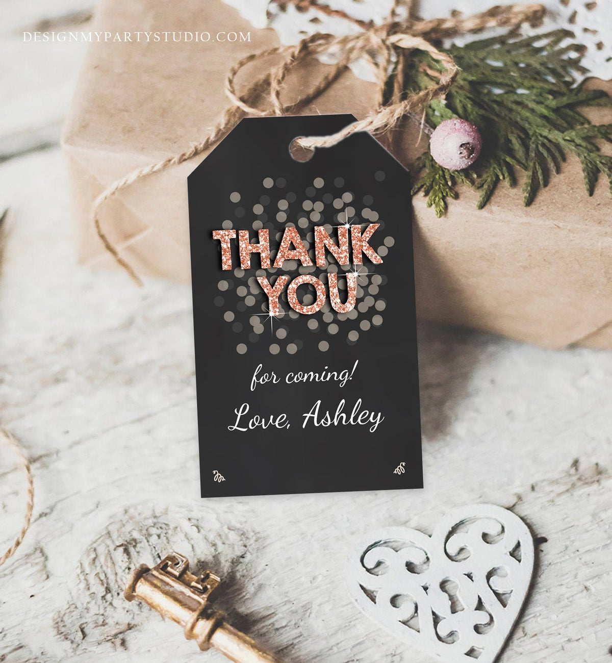 Editable Thank You Favor Tags Adult Birthday Tags Black Blush Gold Glitter Surprise Birthday Rustic Elegant Printable Corjl Template 0103