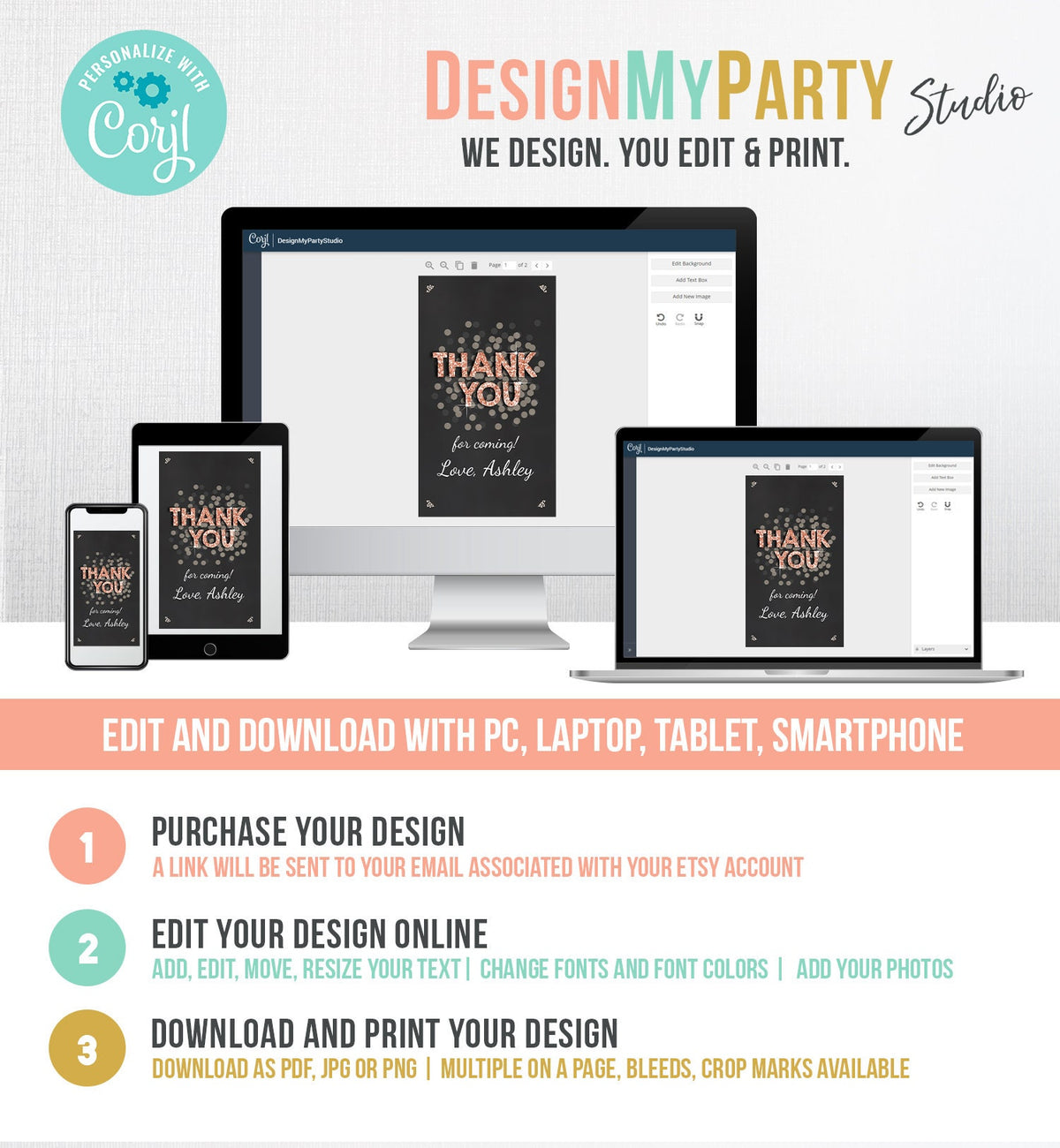 Editable Thank You Favor Tags Adult Birthday Tags Black Blush Gold Glitter Surprise Birthday Rustic Elegant Printable Corjl Template 0103