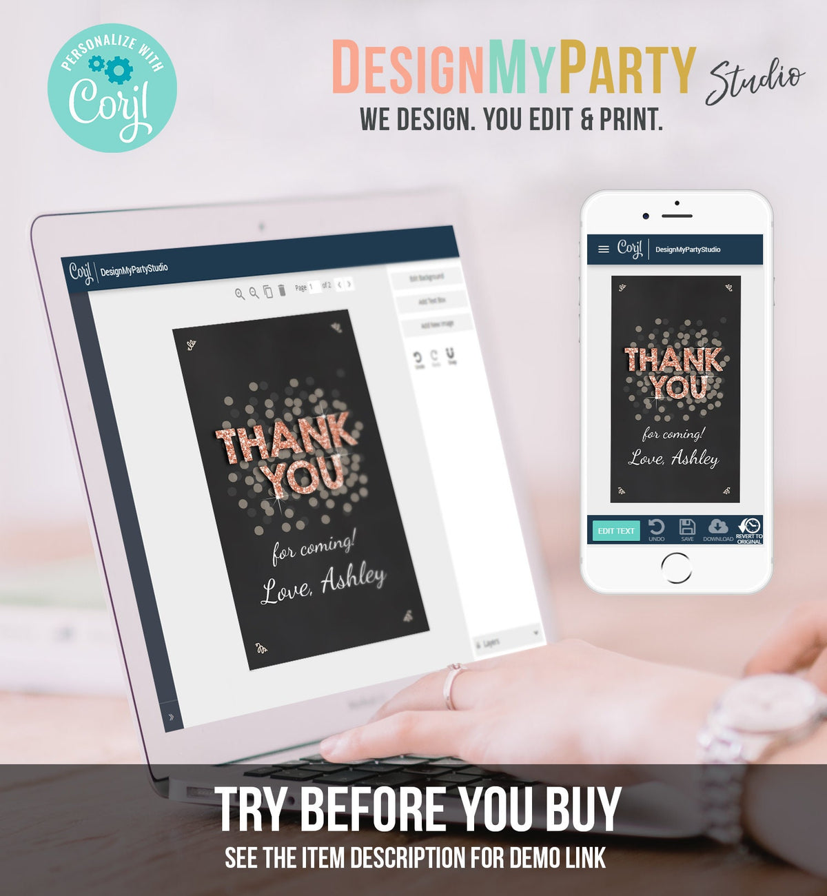 Editable Thank You Favor Tags Adult Birthday Tags Black Blush Gold Glitter Surprise Birthday Rustic Elegant Printable Corjl Template 0103