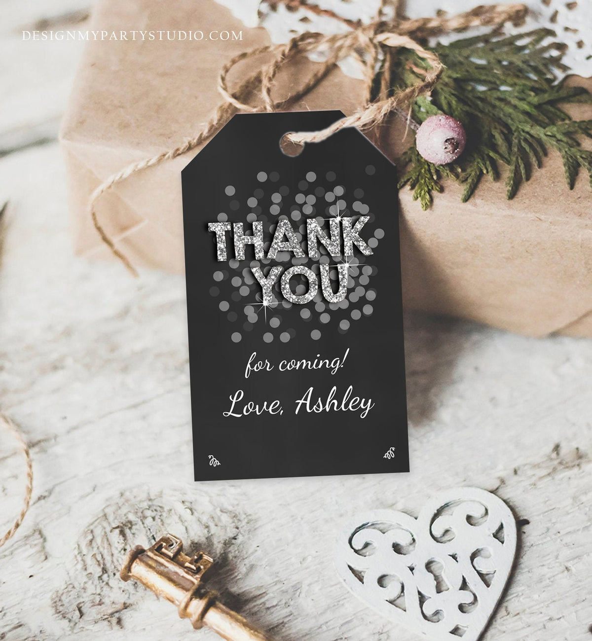 Editable Thank You Favor Tags Adult Birthday Tags Black Silver Glitter Surprise Birthday Rustic Elegant Printable Corjl Template 0103