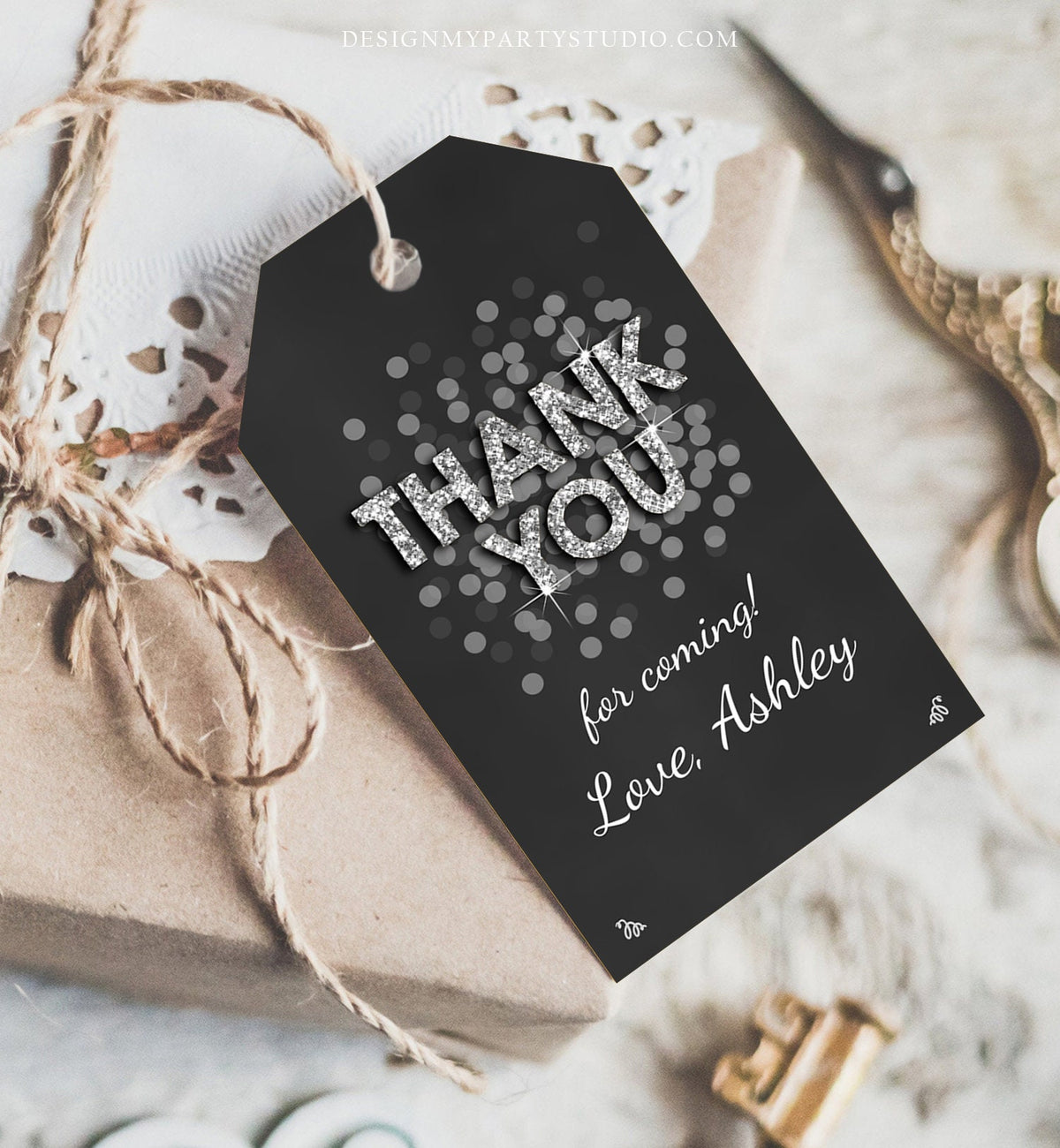 Editable Thank You Favor Tags Adult Birthday Tags Black Silver Glitter Surprise Birthday Rustic Elegant Printable Corjl Template 0103
