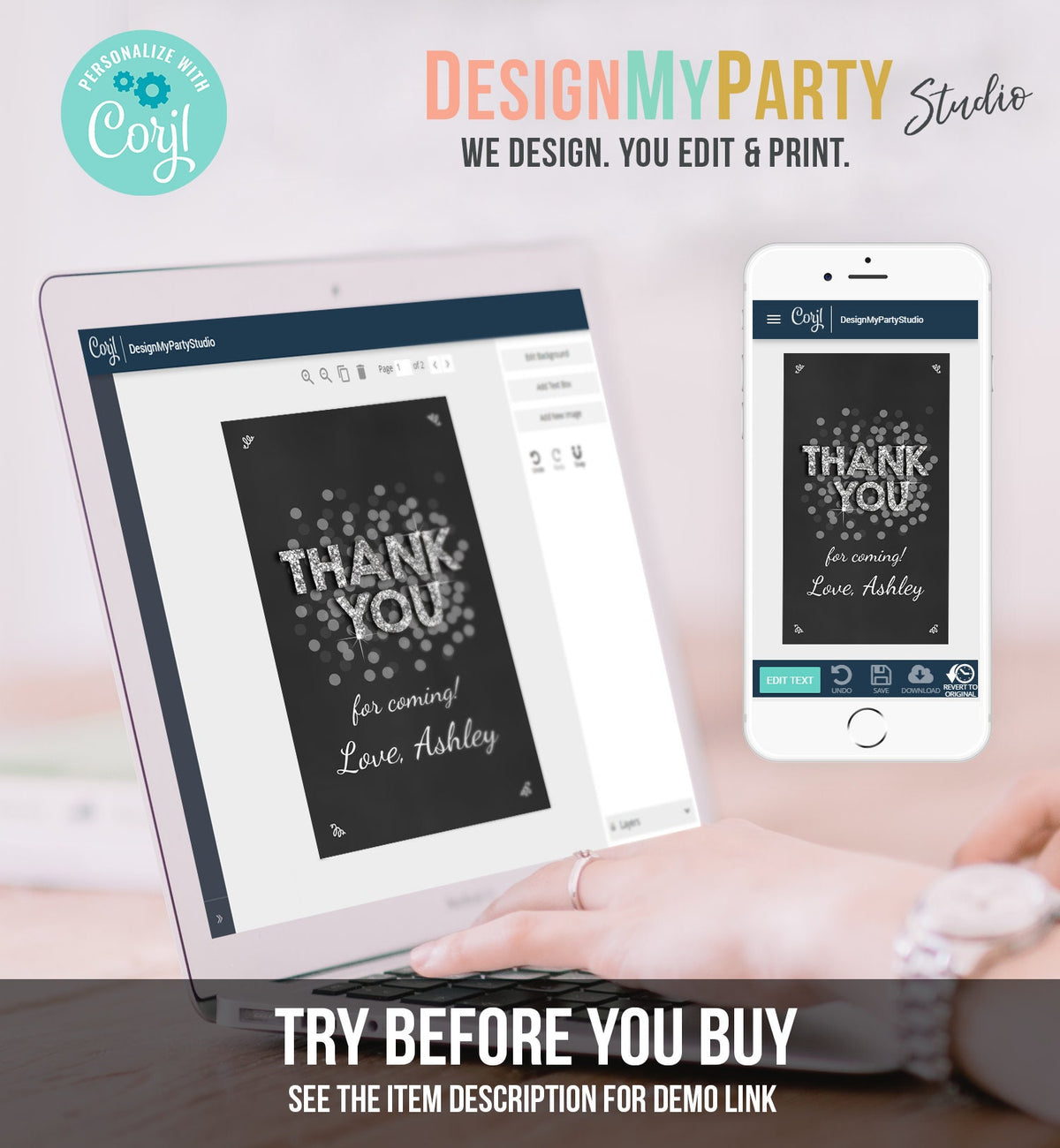 Editable Thank You Favor Tags Adult Birthday Tags Black Silver Glitter Surprise Birthday Rustic Elegant Printable Corjl Template 0103