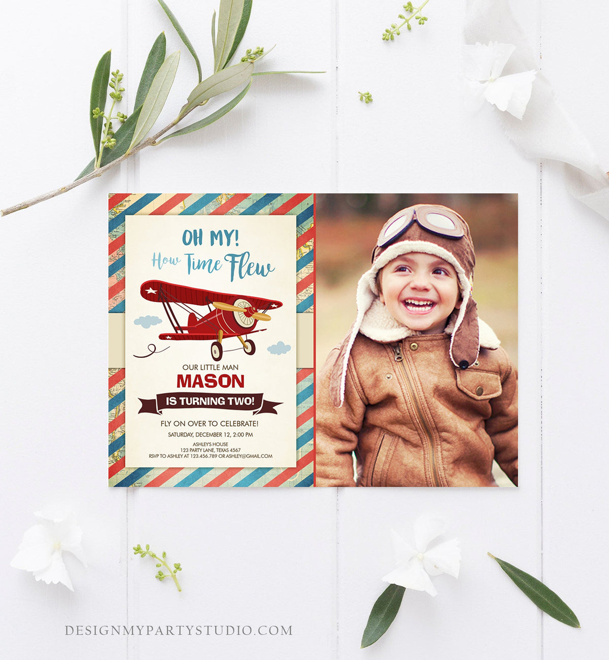 Editable Airplane Birthday Invitation Oh My Time Flew Red Airplane Second Birthday Plane Sky Photo Download Printable Corjl Template 0011