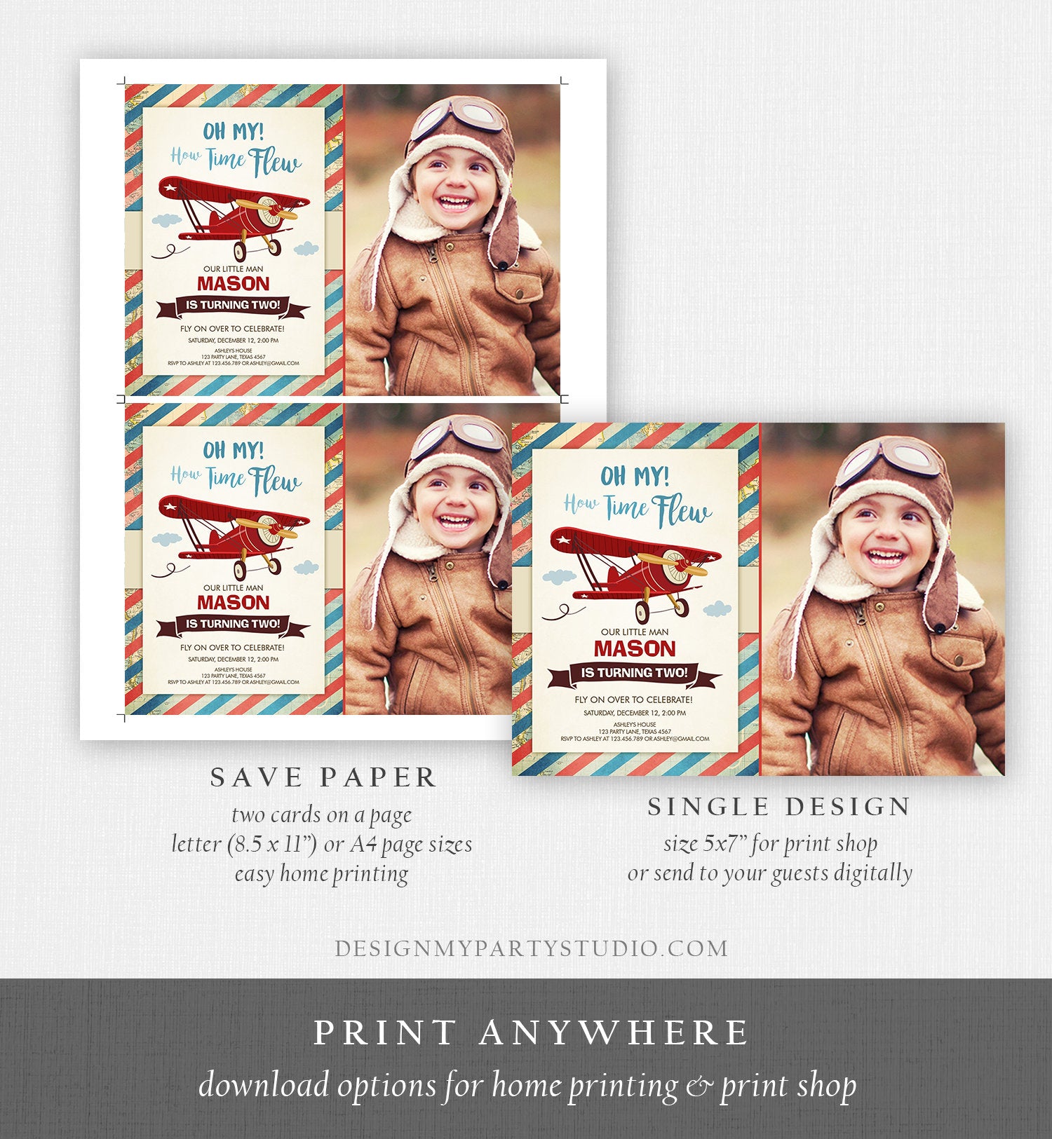 Editable Airplane Birthday Invitation Oh My Time Flew Red Airplane Second Birthday Plane Sky Photo Download Printable Corjl Template 0011