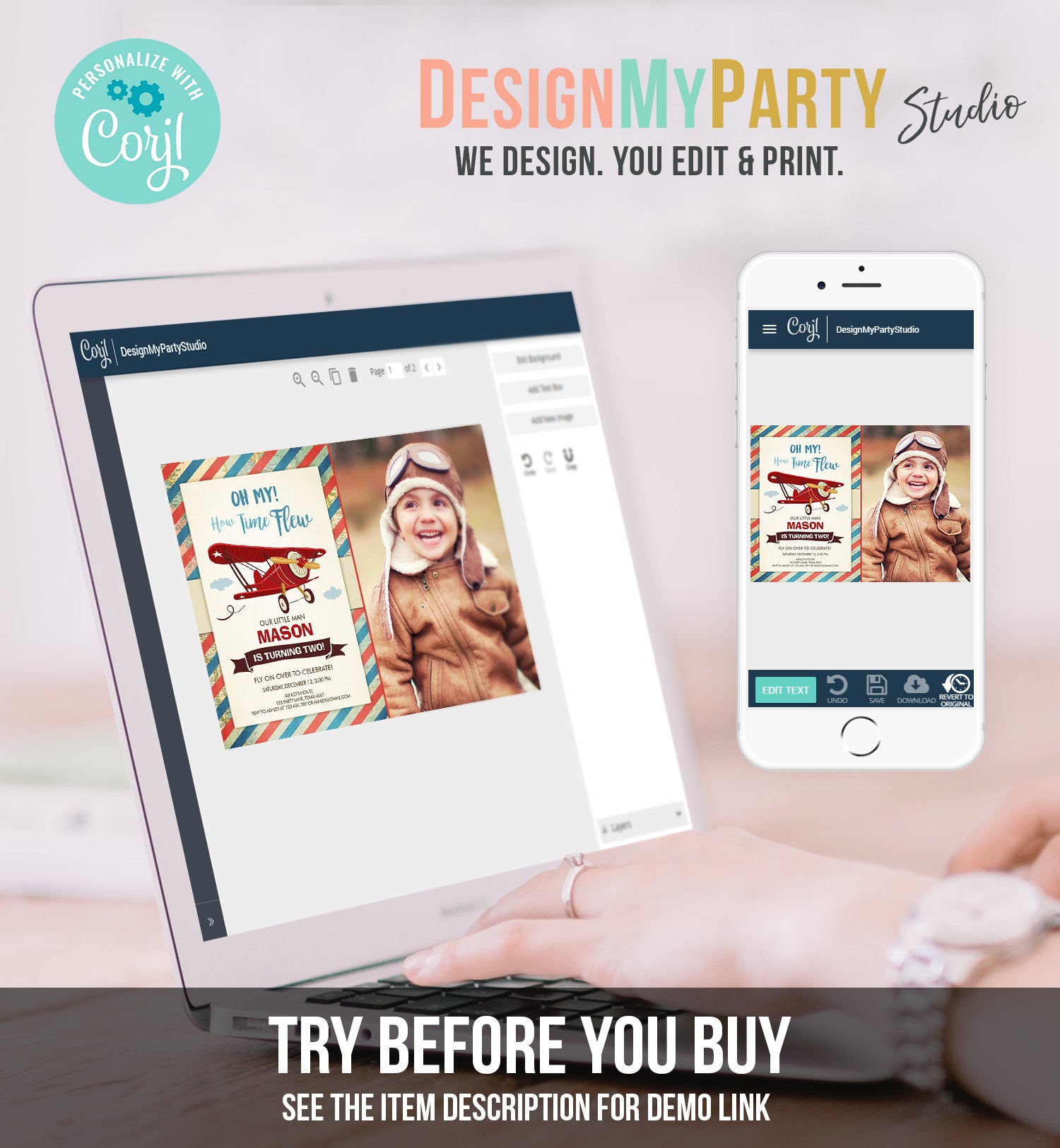 Editable Airplane Birthday Invitation Oh My Time Flew Red Airplane Second Birthday Plane Sky Photo Download Printable Corjl Template 0011