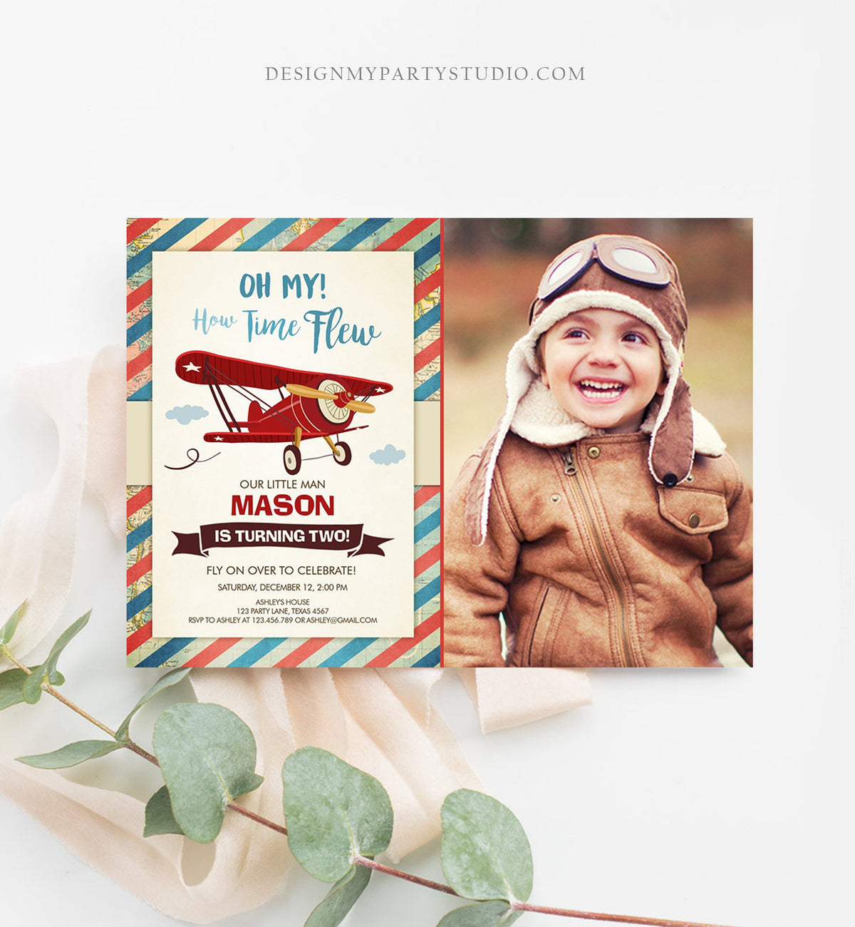 Editable Airplane Birthday Invitation Oh My Time Flew Red Airplane Second Birthday Plane Sky Photo Download Printable Corjl Template 0011