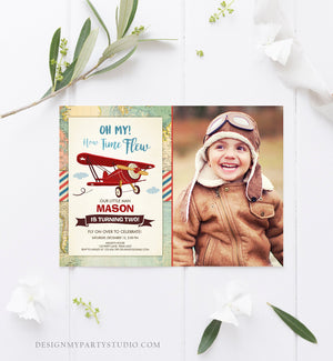 Editable Airplane Birthday Invitation Oh My Time Flew Red Airplane Second Birthday Plane Sky Photo Download Printable Corjl Template 0011