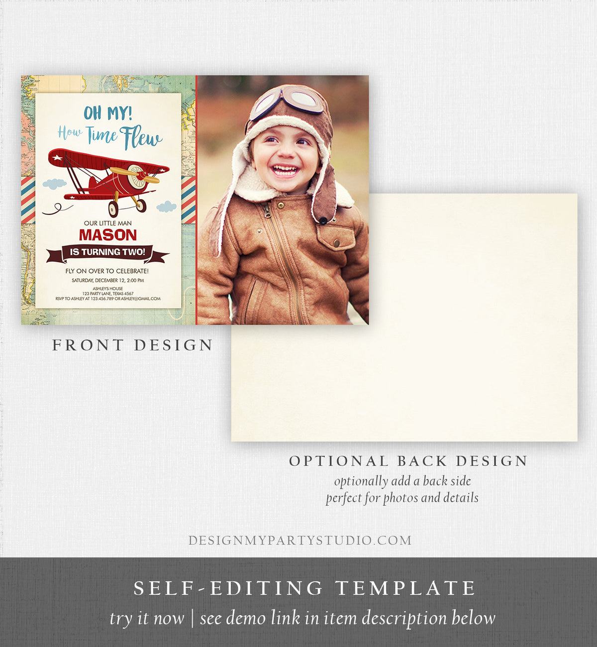 Editable Airplane Birthday Invitation Oh My Time Flew Red Airplane Second Birthday Plane Sky Photo Download Printable Corjl Template 0011