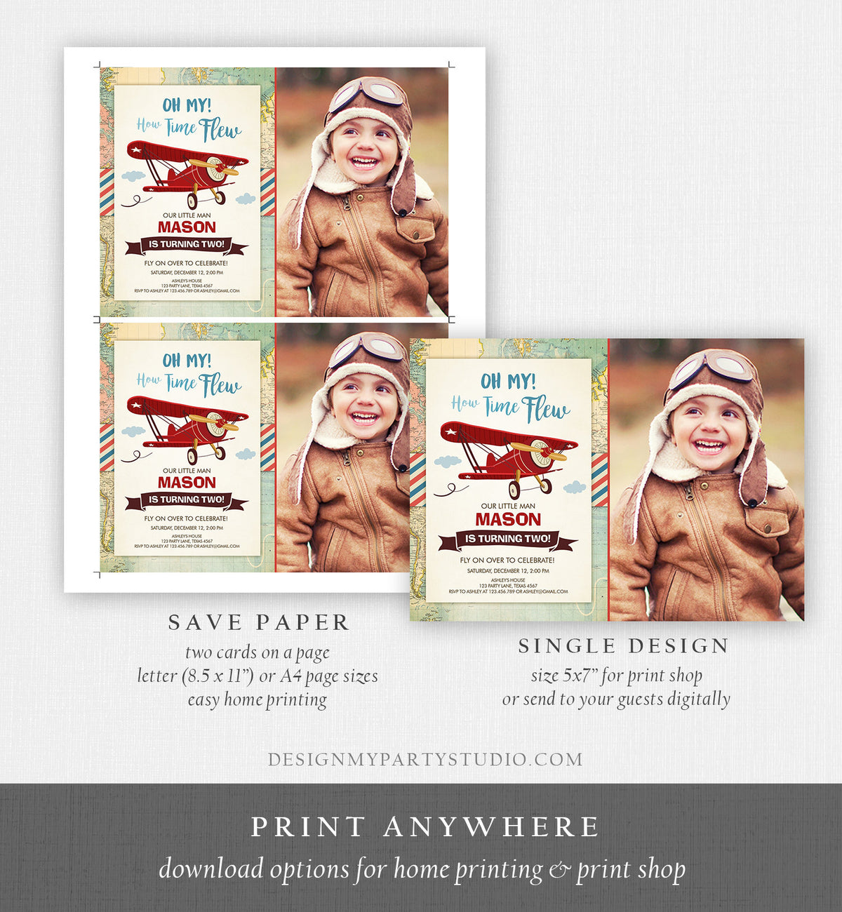 Editable Airplane Birthday Invitation Oh My Time Flew Red Airplane Second Birthday Plane Sky Photo Download Printable Corjl Template 0011