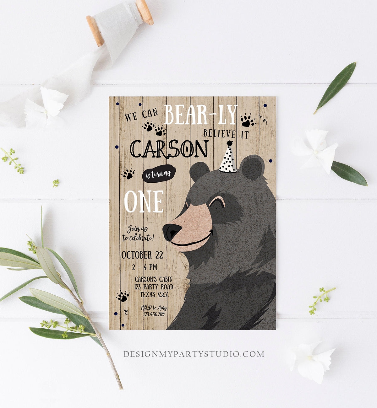 Editable Bear Birthday Invitation Boy Black Bear Invitation Little Cub Woodland Camping Party Printable Invite Template Digital Corjl 0266