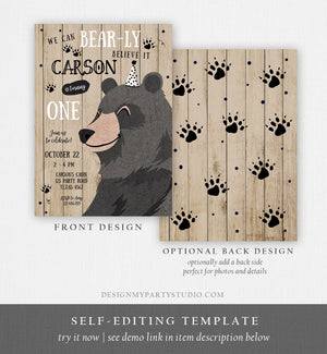 Editable Bear Birthday Invitation Boy Black Bear Invitation Little Cub Woodland Camping Party Printable Invite Template Digital Corjl 0266