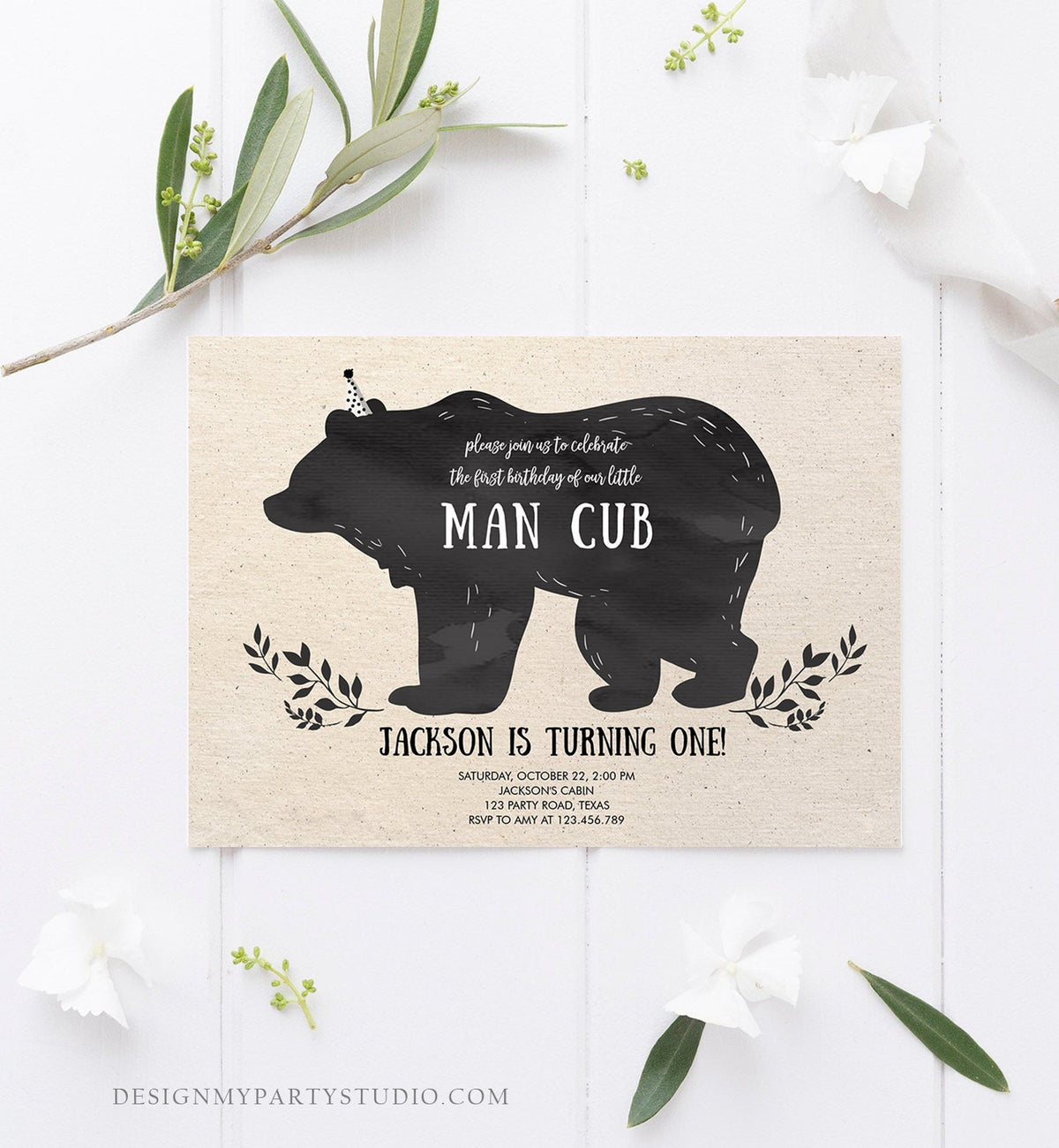 Editable Man Cub Birthday Invitation Boy Bear Invitation Little Cub Woodland Bear Party Modern Printable Invite Template Digital Corjl 0267