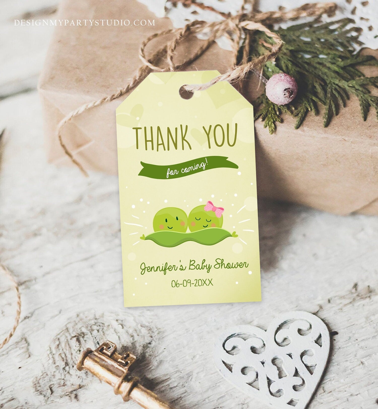 Editable Twin Baby Shower Two Peas in a Pod Gift Tag Favor Tag Green Boy and Girl Twins Shower Label Bow Sprinkle Tags Template Corjl 0020
