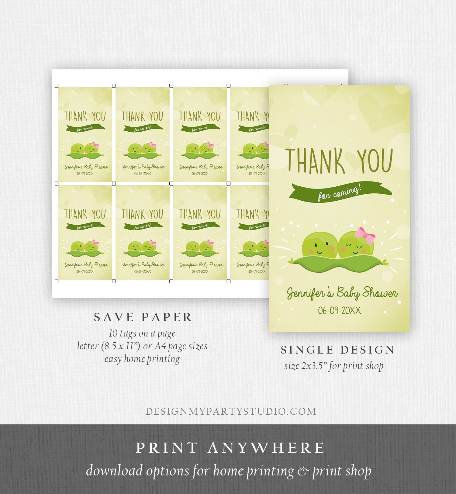 Editable Twin Baby Shower Two Peas in a Pod Gift Tag Favor Tag Green Boy and Girl Twins Shower Label Bow Sprinkle Tags Template Corjl 0020