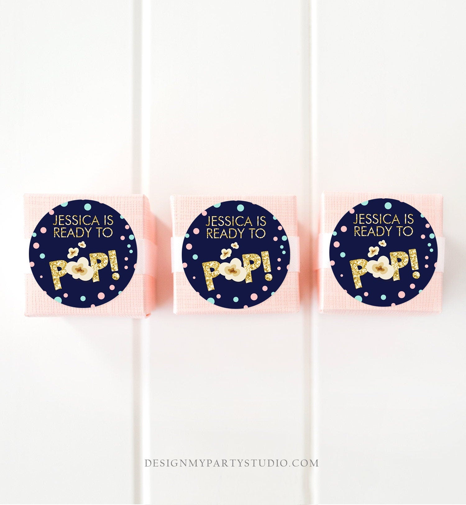Editable Ready to Pop Baby Shower Favor Tags Thank You Tags Navy Gold Popcorn Stickers Blue Pink Round Square Sticker Corjl Template 0211