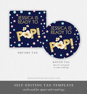 Editable Ready to Pop Baby Shower Favor Tags Thank You Tags Navy Gold Popcorn Stickers Blue Pink Round Square Sticker Corjl Template 0211