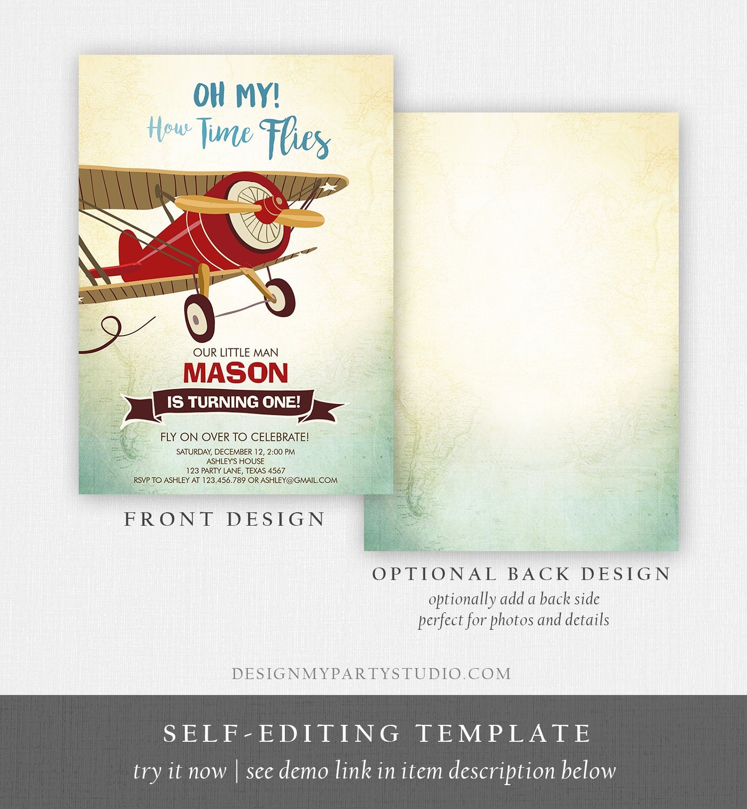 Editable Airplane Birthday Invitation Oh My How Time Flies Vintage Plane Sky 1st Red Biplane Aircraft Wing Download Corjl Template 0011