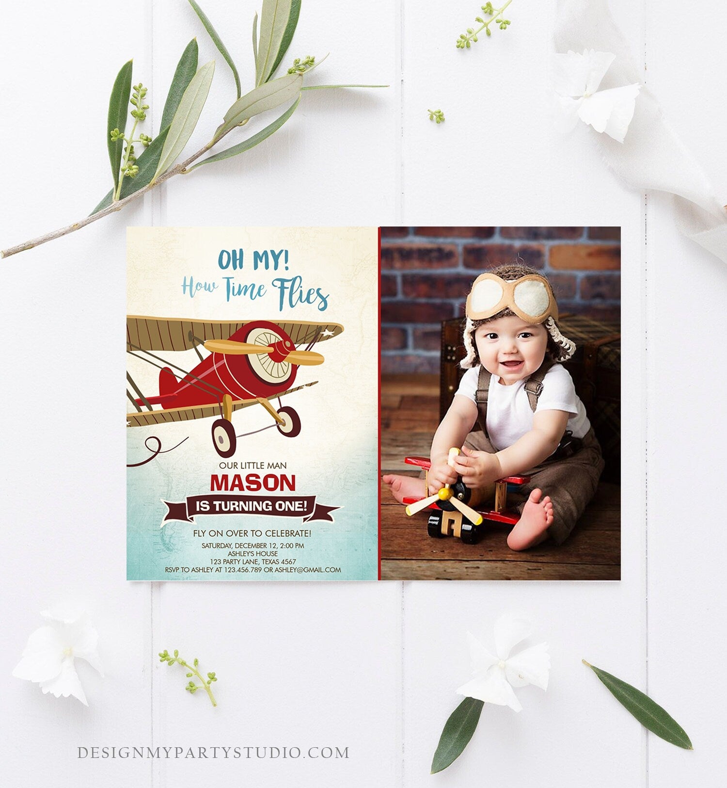 Editable Airplane Birthday Invitation Oh My How Time Flies Vintage Plane Sky 1st Red Biplane Aircraft Wing Download Corjl Template 0011