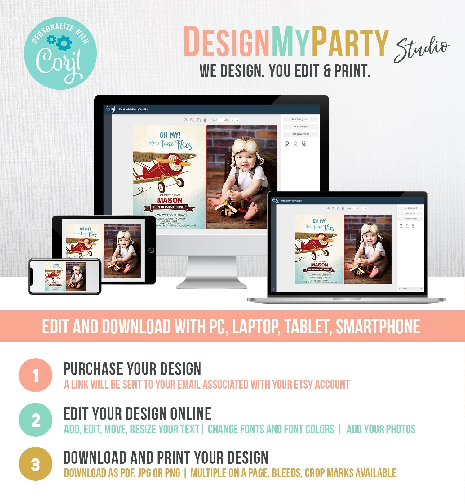 Editable Airplane Birthday Invitation Oh My How Time Flies Vintage Plane Sky 1st Red Biplane Aircraft Wing Download Corjl Template 0011