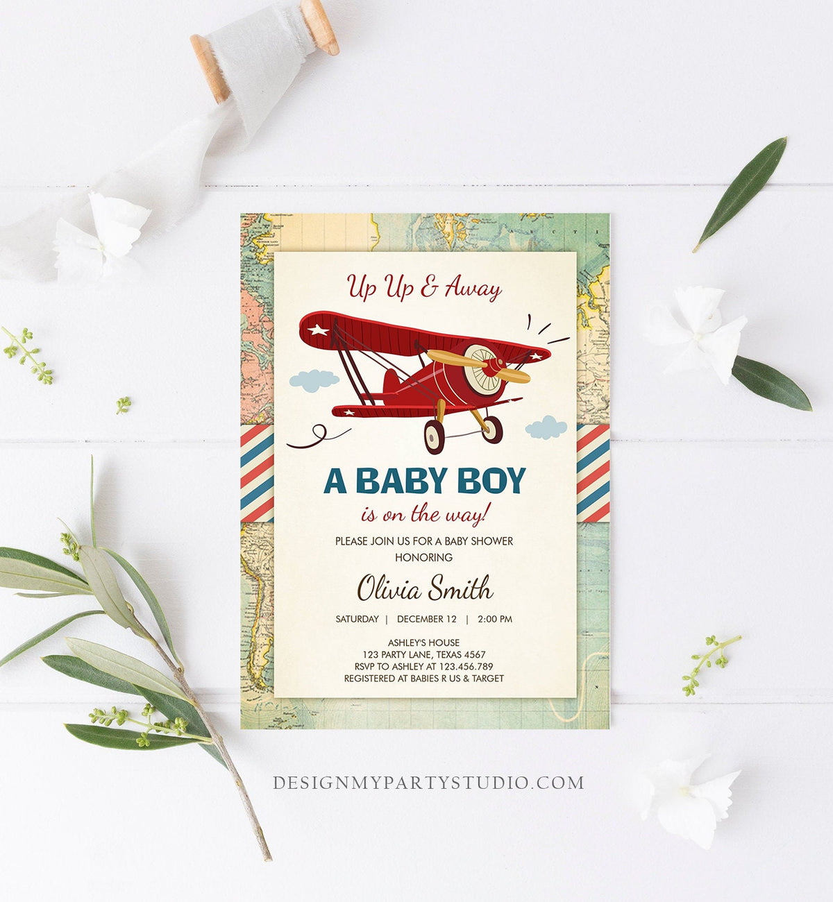 Editable Up Up and Away Airplane Baby Shower Invitation Travel Adventure Baby Boy Red Plane Instant Download Digital Corjl Template 0011