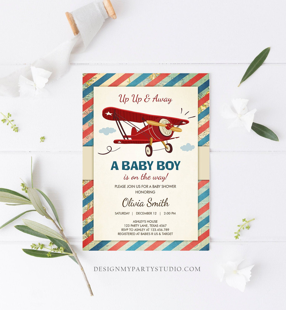 Editable Up Up and Away Airplane Baby Shower Invitation Travel Adventure Baby Boy Red Plane Instant Download Digital Corjl Template 0011
