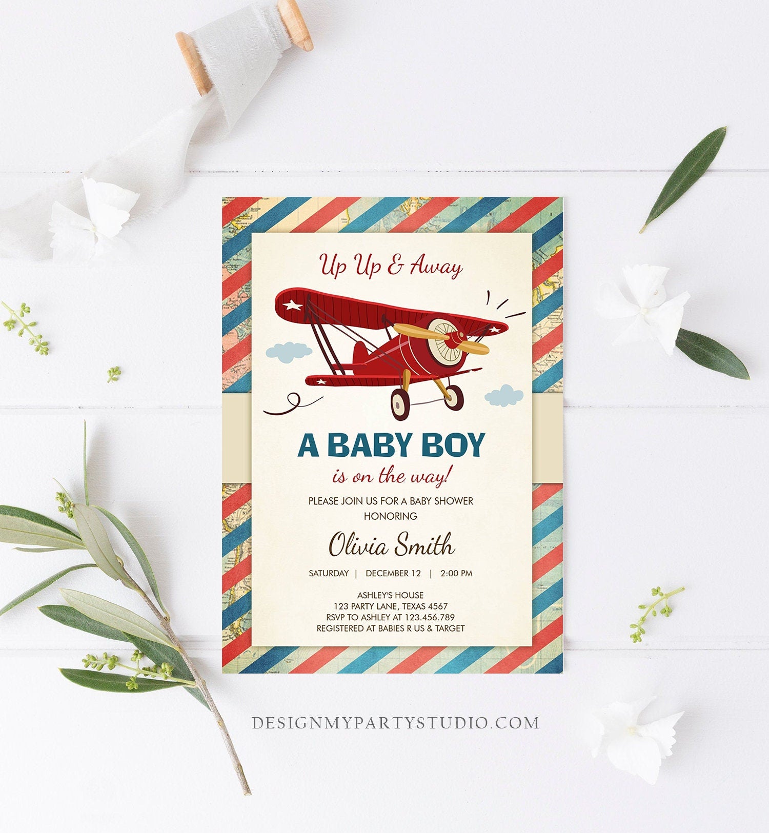 Editable Up Up and Away Airplane Baby Shower Invitation Travel Adventure Baby Boy Red Plane Instant Download Digital Corjl Template 0011