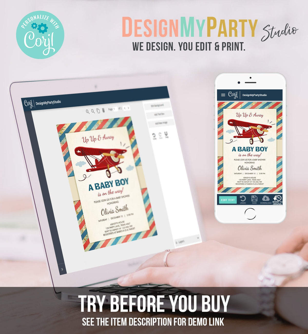 Editable Up Up and Away Airplane Baby Shower Invitation Travel Adventure Baby Boy Red Plane Instant Download Digital Corjl Template 0011