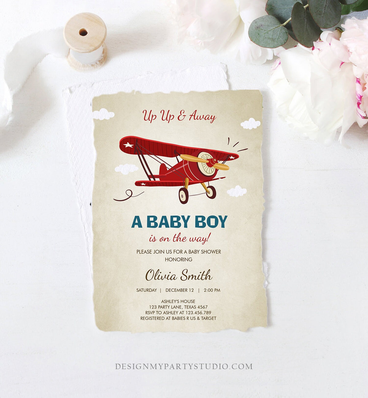 Editable Up Up and Away Airplane Baby Shower Invitation Travel Adventure Baby Boy Red Plane Instant Download Digital Corjl Template 0011