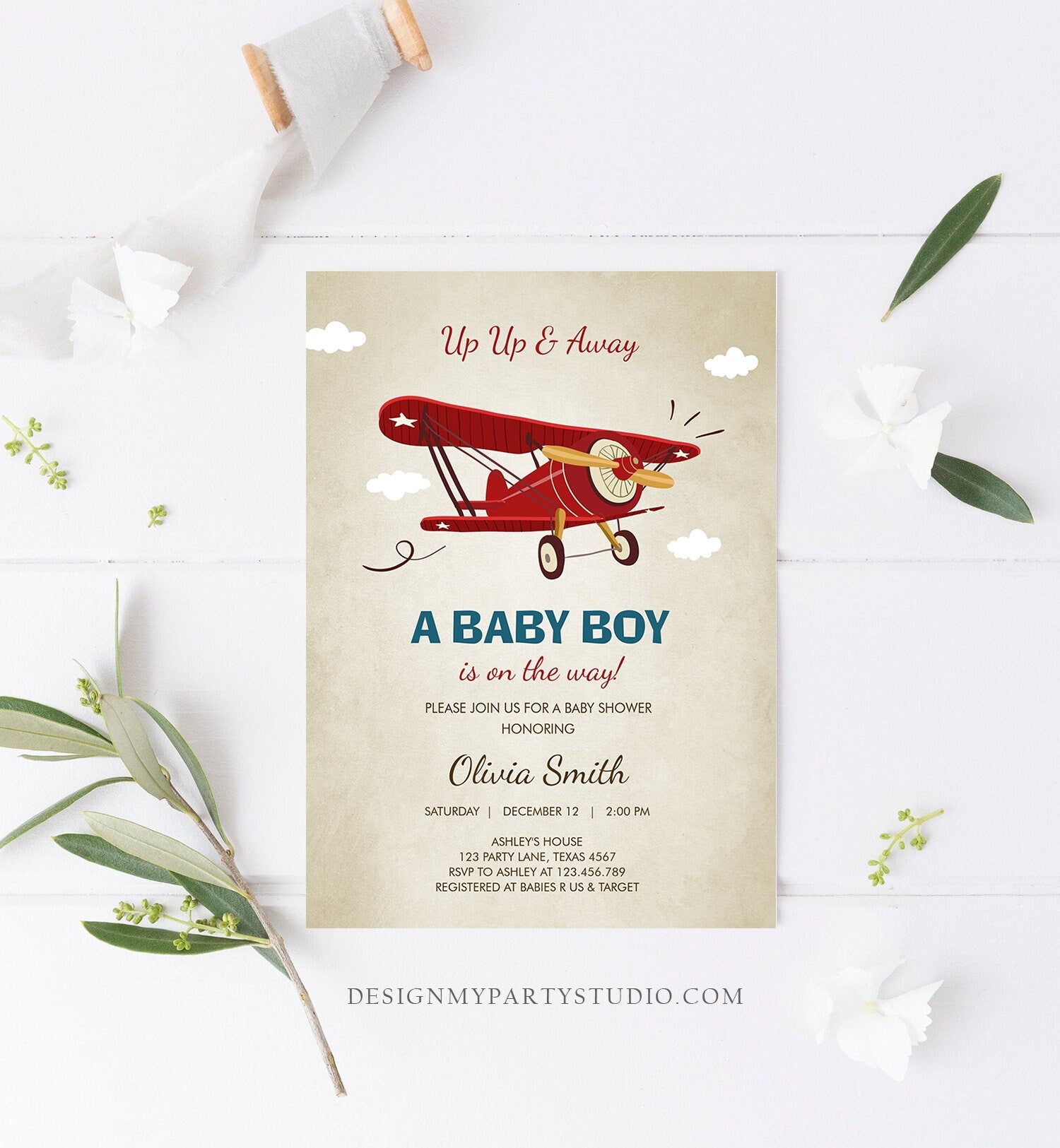 Editable Up Up and Away Airplane Baby Shower Invitation Travel Adventure Baby Boy Red Plane Instant Download Digital Corjl Template 0011