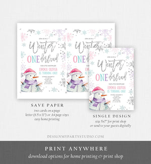 Editable Winter ONEderland Birthday Invitation First Birthday Snowflake Pink Silver Purple Snowman Printable Invitation Template Corjl 0256