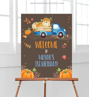 Editable Pumpkin Welcome Sign Pumpkin Blue Truck Birthday Brown Shower Fall Party Welcome 1st Birthday Boy Printable Corjl Template 0153