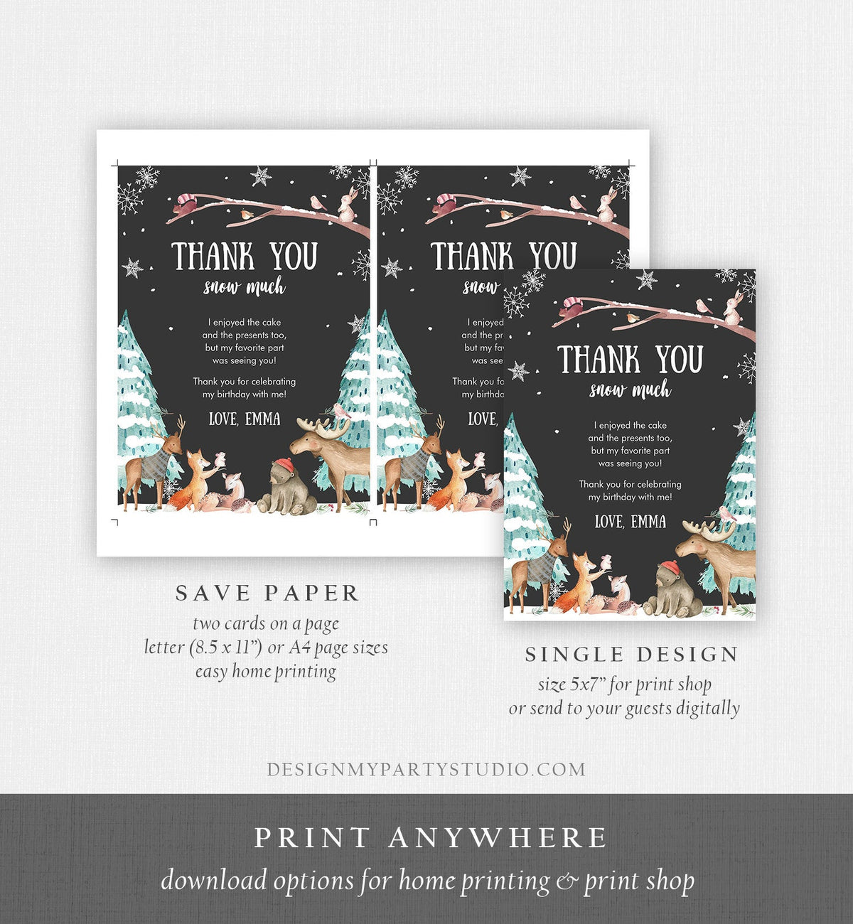 Editable Winter ONEderland Birthday Thank You Card First Birthday Woodland Thank you card Template Instant Download Digital Corjl 0195