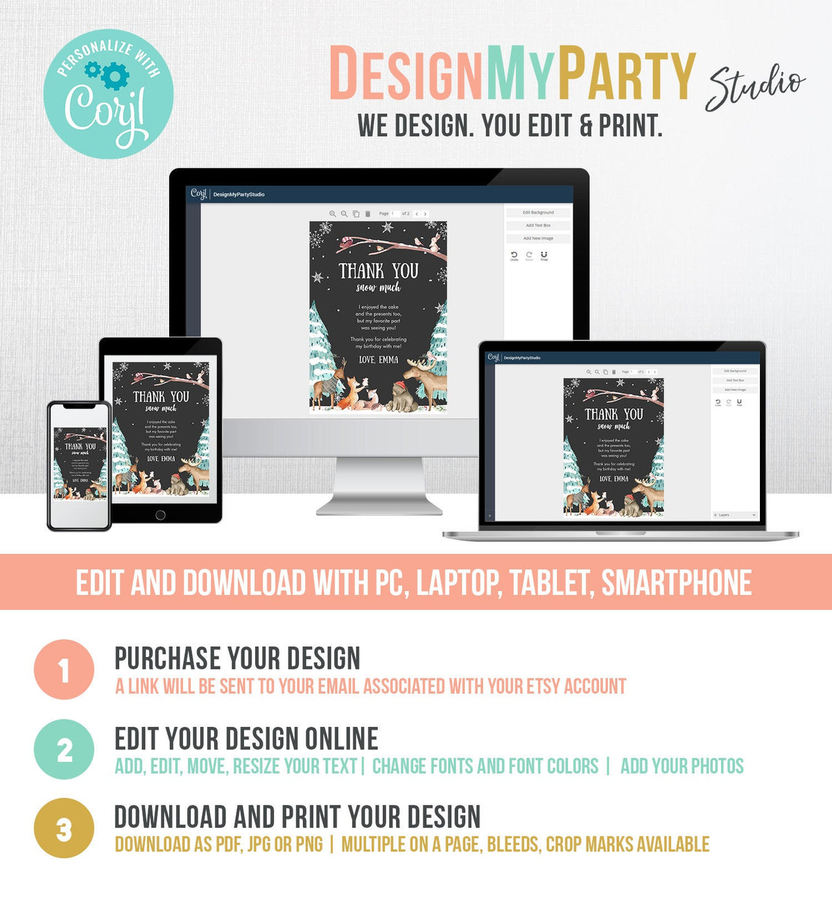 Editable Winter ONEderland Birthday Thank You Card First Birthday Woodland Thank you card Template Instant Download Digital Corjl 0195