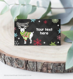 Editable Ugly Sweater Food Labels Christmas Party Place Cards Tent Card Escort Card Snowflakes Deer Winter Birthday Corjl Template 0053
