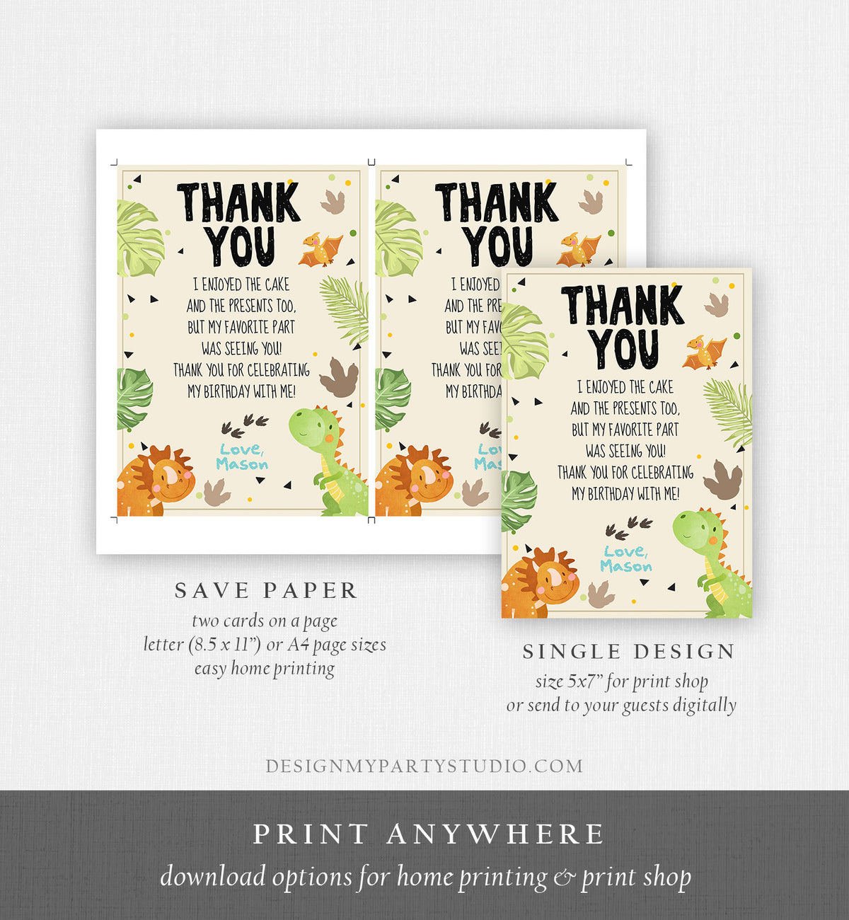 Editable Dinosaur Thank You Card Boy Prehistoric Dino Dig Party T-Rex Fossil Foot Prints Digital Download Printable Template Corjl 0283