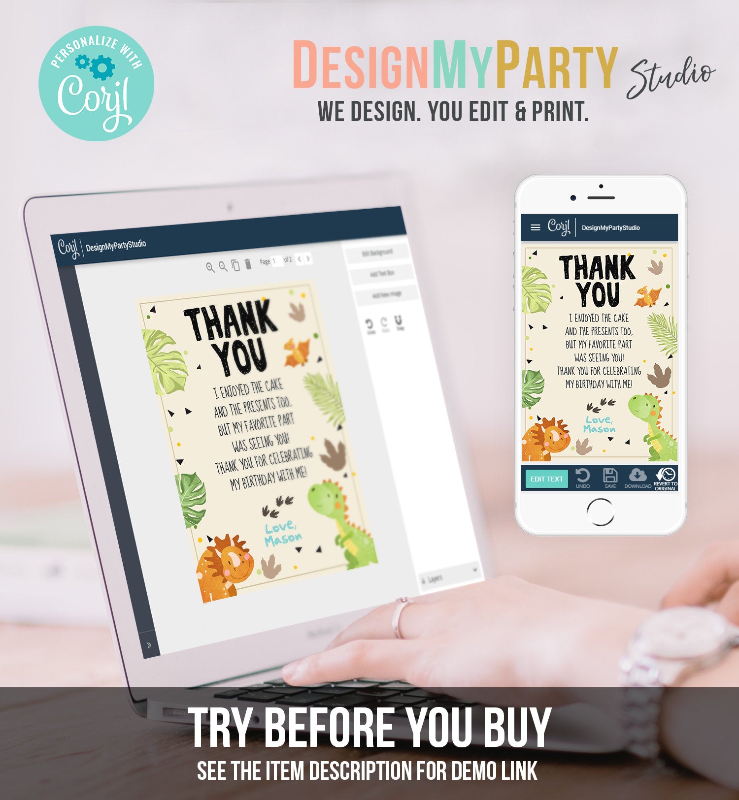 Editable Dinosaur Thank You Card Boy Prehistoric Dino Dig Party T-Rex Fossil Foot Prints Digital Download Printable Template Corjl 0283