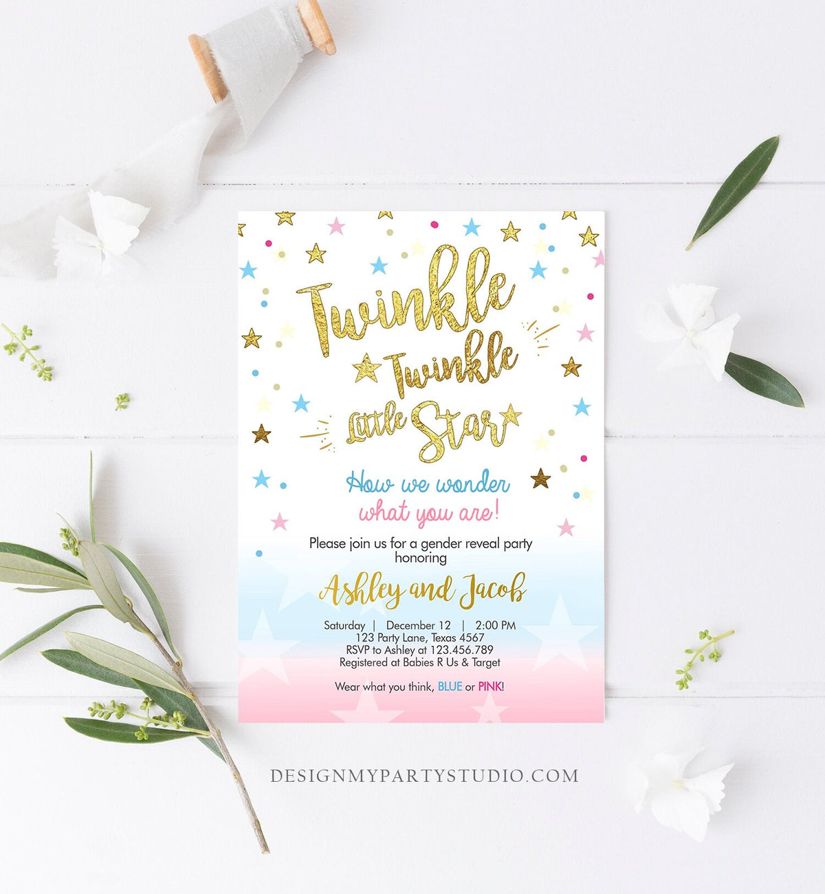 Editable Gender Reveal Invitation Baby Shower Twinkle Twinkle Little Star Blue or Pink He or She Gold Pink Blue Download Corjl Template 0235